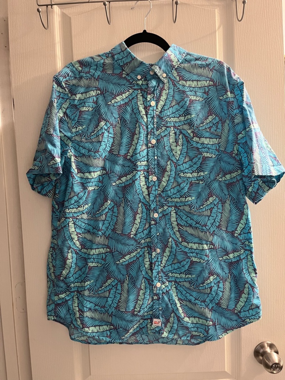 Vineyard Vines Men's L Slim Fit Murray Shirt Leaf Print Blue Green Short Sleeve